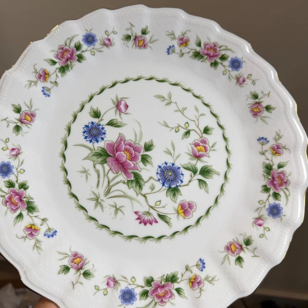 Spring Night Fine China Cake Plate Platter Floral Scalloped Gold Trim Vintage